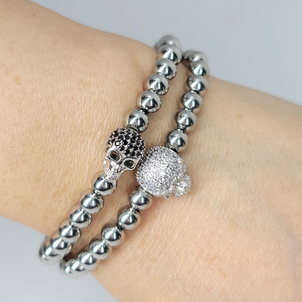 NEW Pave CZ Diamond Stainless Steel Skull Bracelet - Picture 7 of 7